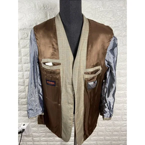 44 RBrown Tan Over Check Plaid SILK WOOL 2-vent Blazer Jacket Coat E. THOMAS